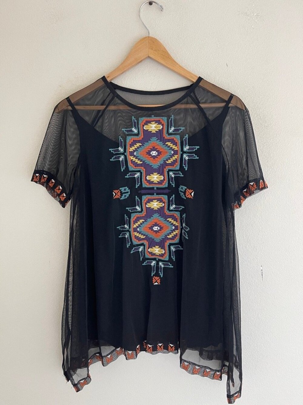 DOUBLE D RANCH Black Netted Tunic with Camisole & Aztec Embroidery: MEDIUM; NWOT